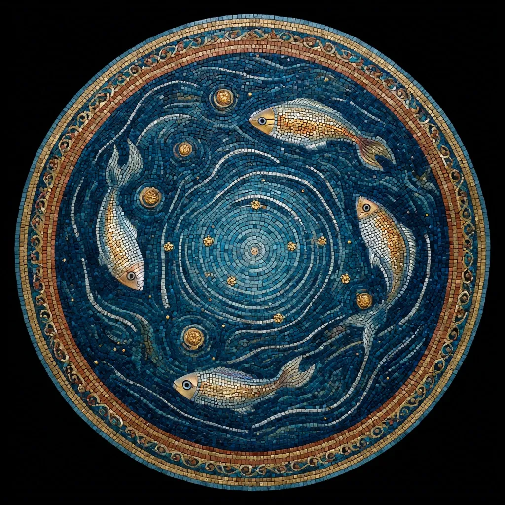 A circular mosaic depicts four fish swimming in a stylized ocean.  The fish are rendered in shades of gold and white against a deep blue background representing water, with smaller gold tesserae suggesting bubbles or stars.  The swirling water pattern leads to a central, concentric circle. The mosaic is framed by a decorative border in terracotta and gold. The overall effect is one of serene movement and classical elegance.