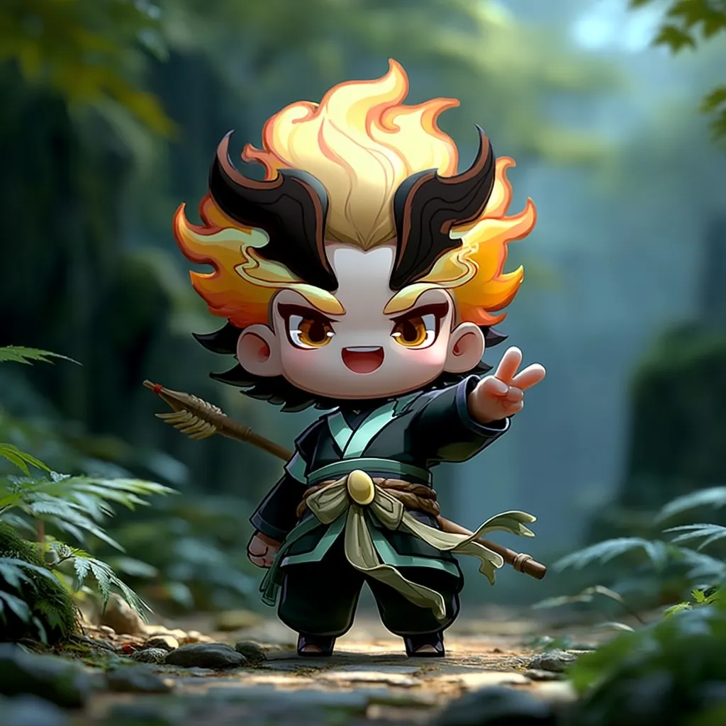 A charming chibi-style character, possibly from a video game or animation, stands on a forest path.  He has vibrant orange and black flame-like hair, dark eyes, and wears a dark green and teal Asian-inspired outfit. He holds a small spear or staff and gives a peace sign, showcasing a cheerful expression. The background is lush and green, enhancing the character's playful demeanor.  The image is detailed and digitally rendered.