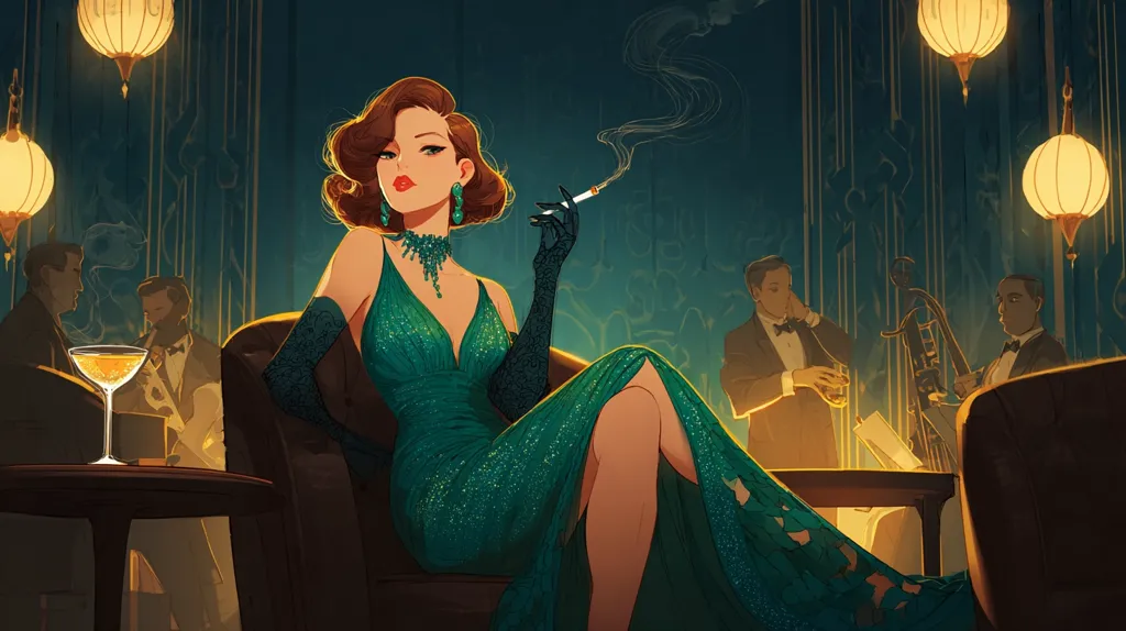 A glamorous woman in a shimmering teal gown sits in a plush chair at a dimly lit jazz club.  She holds a cigarette elegantly, her red lips painted, and her dark hair styled in a sophisticated wave.  Men in suits are visible in the background, a band playing softly. The ambiance is one of refined luxury and old Hollywood charm.  A cocktail sits on a nearby table, adding to the scene's decadent atmosphere.