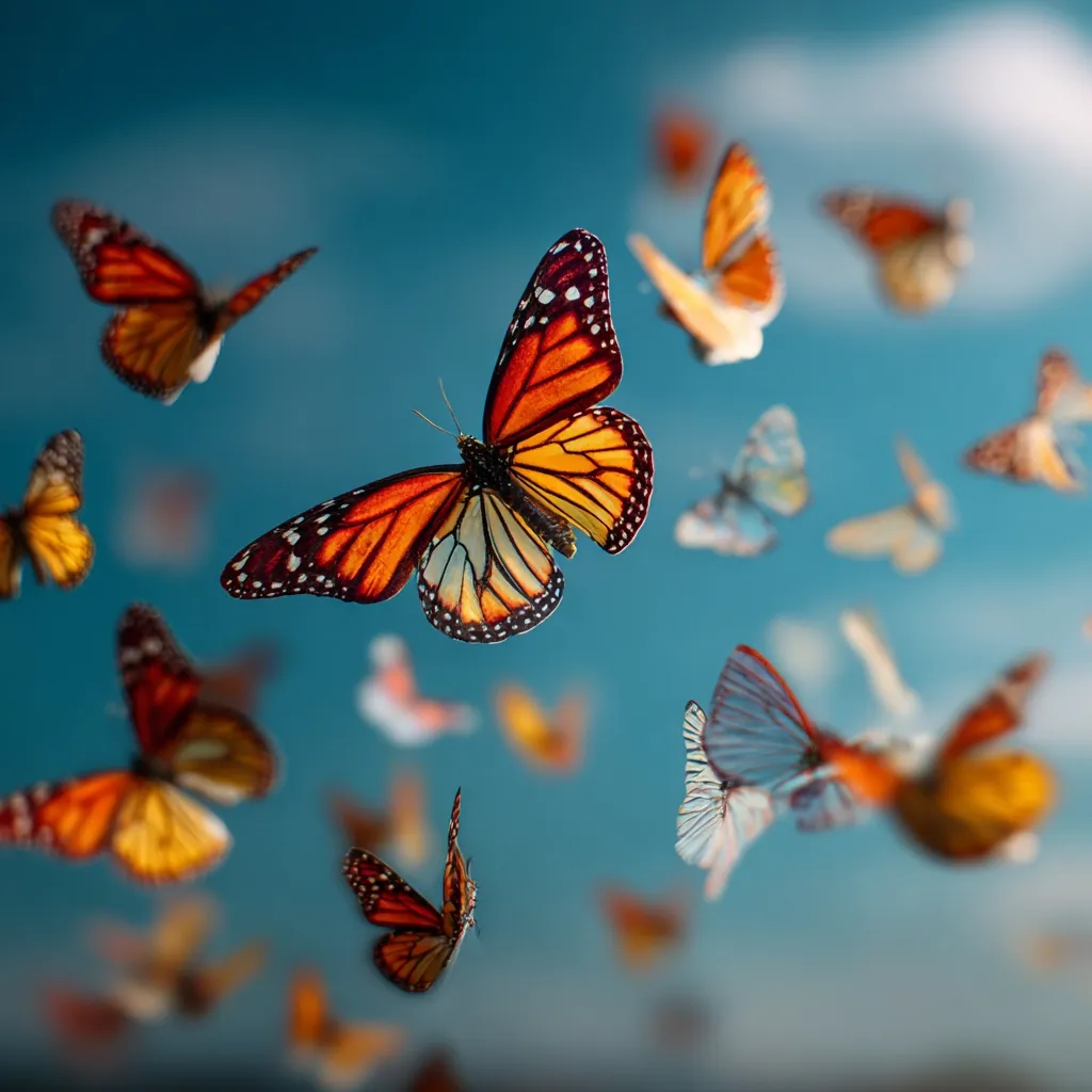 A vibrant swarm of monarch butterflies fills a bright blue sky.  One large butterfly is in sharp focus, its orange and black wings detailed against the blurred movement of its companions.  Smaller butterflies of various shades surround it, creating a lively, ethereal scene.  The overall impression is one of freedom, beauty, and the delicate grace of nature.