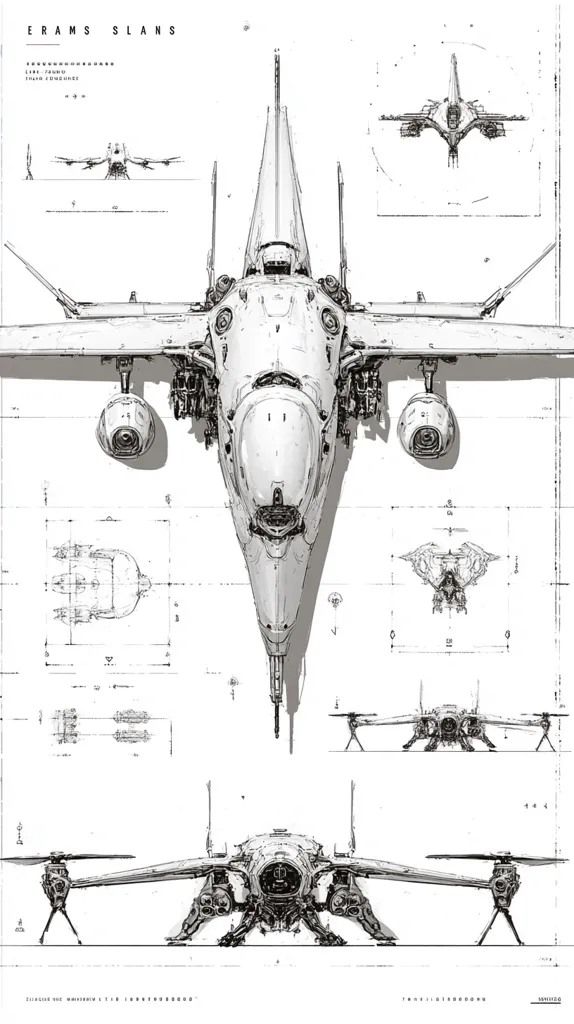 This is a detailed technical drawing of a futuristic spacecraft, the "ERAMS SLANS," likely for a video game or film.  The main view shows a sleek, angular craft with twin engines and a prominent central structure.  Multiple smaller sketches illustrate various angles, components, and potentially alternative designs or configurations, including a drone-like variant.  The style is rough and dynamic, suggesting concept art.
