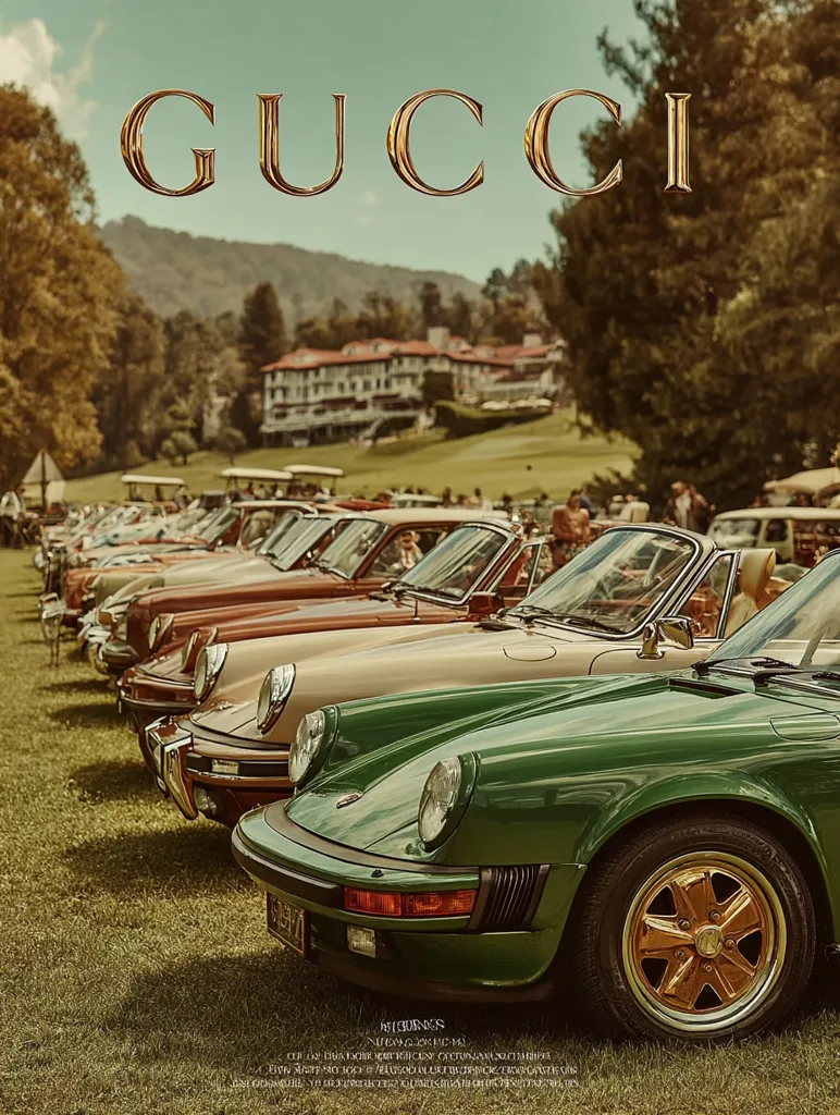 A vintage Gucci advertisement features a line of classic Porsche automobiles parked on a lush green lawn.  The cars are various shades of brown and green, with gold rims on the closest vehicle.  In the background, a stately building sits nestled among trees, creating a serene and luxurious setting. The Gucci logo is prominently displayed above the cars.