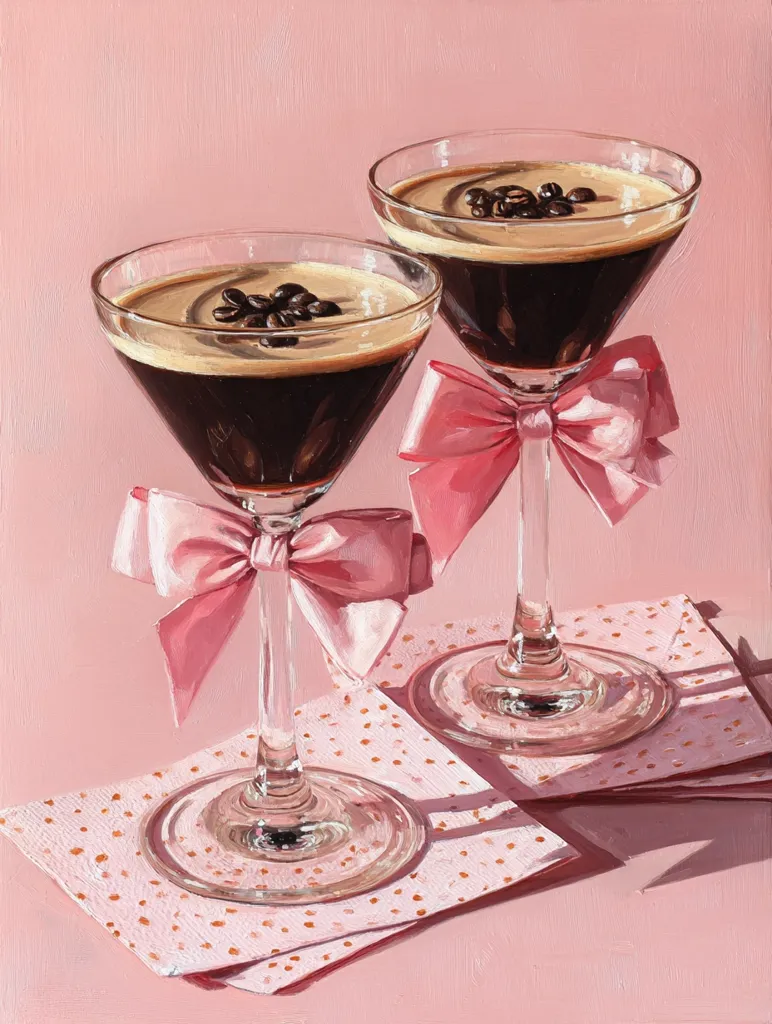 A vibrant still life painting showcases two martini glasses filled with espresso martinis.  Each glass is adorned with a delicate pink ribbon tied in a bow. The drinks are garnished with coffee beans, and rest on pink polka-dotted napkins against a soft pink backdrop. The painting is characterized by its sharp details and realistic depiction of light and shadow.