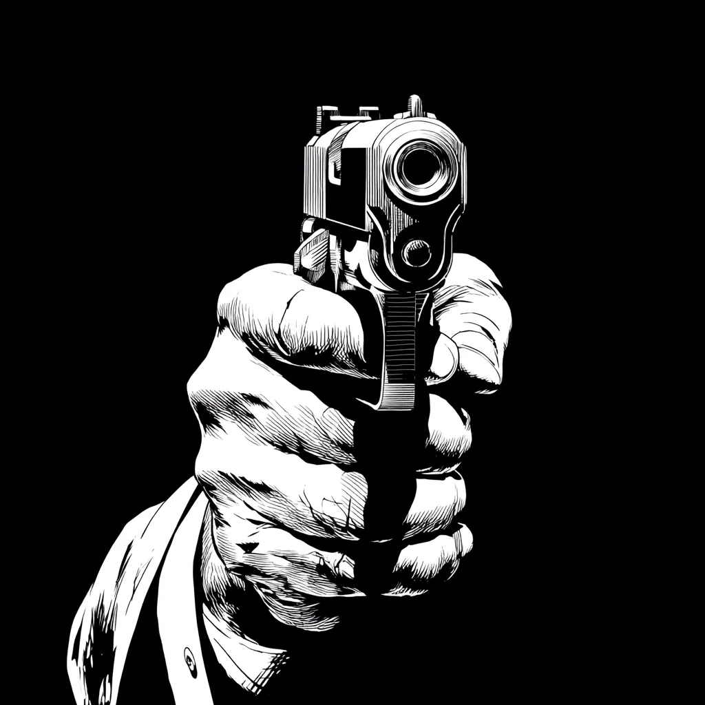 A stark black and white illustration depicts a hand gripping a handgun, aimed directly at the viewer. The hand is detailed, showing wrinkles and texture, creating a sense of realism. The gun is rendered with meticulous precision, highlighting its metallic form. The image's high contrast and dramatic composition evoke feelings of tension and suspense.  The dark background emphasizes the firearm, creating a powerful and unsettling visual.