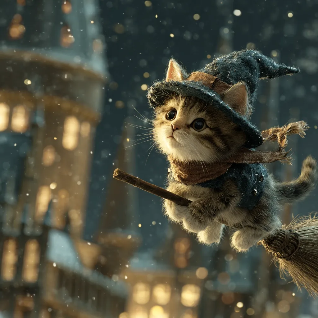 A cute tabby kitten, dressed as a witch in a pointed hat and scarf, flies on a broomstick.  Snow falls softly around it as it soars past a softly lit, snow-covered castle in the background. The kitten's large eyes are wide with wonder, creating a magical and heartwarming winter scene.
