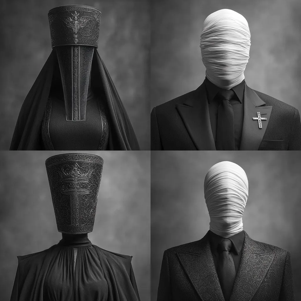 A monochrome collage showcases four figures in formal black attire. Two figures wear ornate, dark head coverings resembling elaborate hats or veils, while the other two have their heads entirely shrouded in white bandages.  All figures maintain a serious, anonymous demeanor against a textured gray background, creating a mysterious and formal atmosphere. The image suggests themes of concealment, anonymity, or ritual.