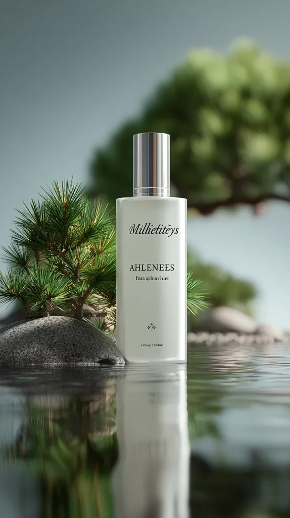A minimalist image showcases a bottle of Milhetitys Ahlenees serum.  The sleek, silver-topped bottle rests on a grey stone near a small pine tree, reflected in calm water.  The serene background features a blurred, out-of-focus green tree, creating a tranquil and sophisticated aesthetic. The product's name and brand are subtly printed on the bottle's label. The overall mood evokes natural beauty and serenity.
