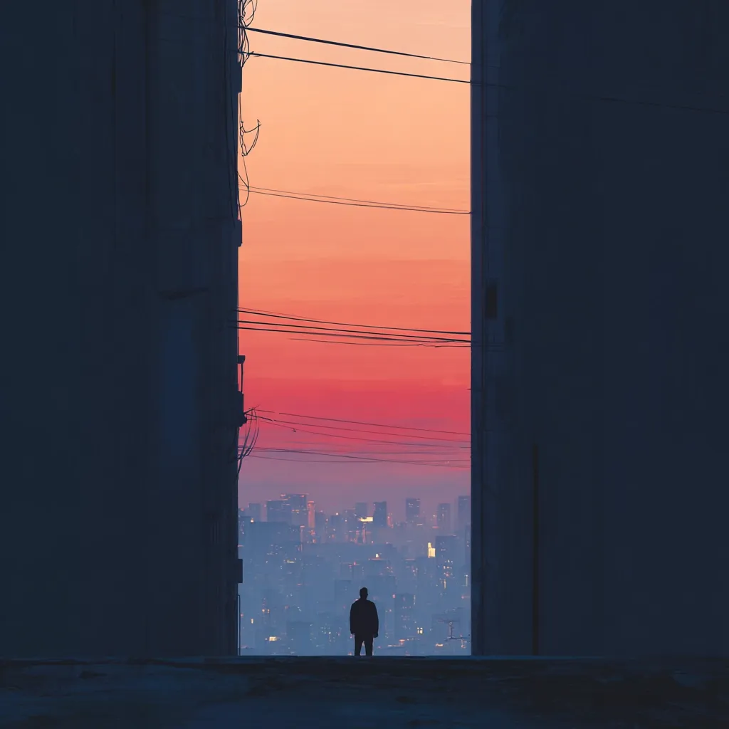 A solitary figure stands silhouetted against a vibrant sunset, gazing at a distant cityscape. The view is framed by a narrow gap between two tall, dark buildings, creating a sense of confinement and contemplation.  Power lines stretch across the fiery sky, adding to the atmospheric mood.  The overall impression is one of quiet loneliness and urban isolation.