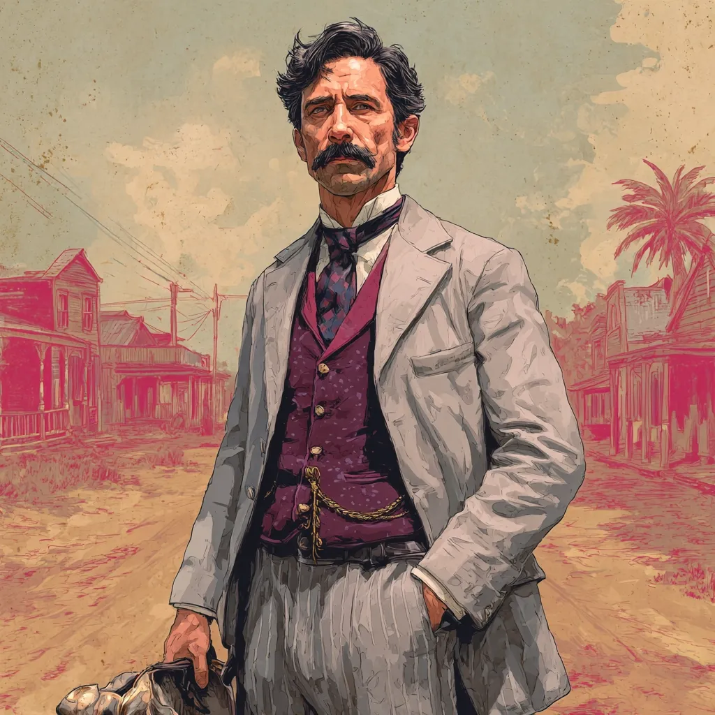 A stylized portrait depicts a man in late 19th-century attire. He sports a light gray suit, a burgundy waistcoat, and a patterned tie, his mustache neatly trimmed.  His serious expression and the dusty, sun-drenched street behind him suggest a setting in the American Old West. The image has a vintage, slightly faded aesthetic.  He holds a satchel in his left hand.