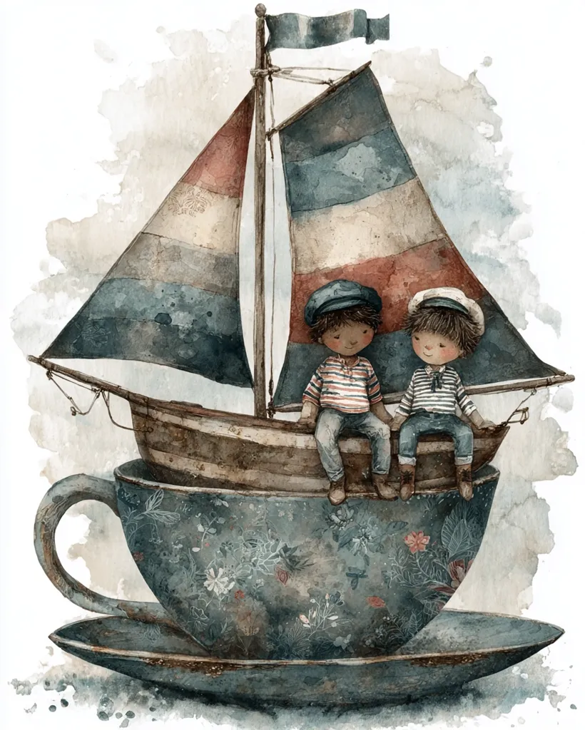 A watercolor painting depicts two adorable children, dressed as sailors, aboard a miniature sailboat perched atop a large teacup and saucer.  The sailboat has a weathered, rustic charm, mirroring the aged floral pattern on the teacup. The scene is whimsical and evokes a sense of childhood adventure and fantasy. The soft watercolor style creates a dreamy, nostalgic atmosphere.