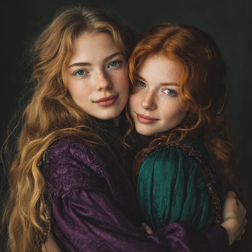 A close-up portrait showcases two young women with long, flowing hair; one with blonde and the other with vibrant red locks.  They embrace, their faces close together, exhibiting a tender intimacy.  Both possess fair skin and freckles, their eyes captivating. They are dressed in vintage-style clothing, the blonde in purple and the redhead in emerald green, enhancing the overall romantic and ethereal mood.