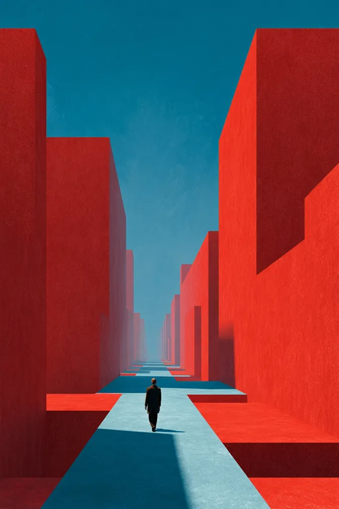 A lone figure in a dark suit walks down a pale blue pathway, flanked by tall, vibrant red structures. The architecture is minimalist and geometric, creating a stark contrast between the cool blue and warm red tones.  The scene evokes a sense of isolation and contemplation, with the figure's journey seemingly leading towards an unknown destination within the maze-like environment. The clear blue sky provides a dramatic backdrop.