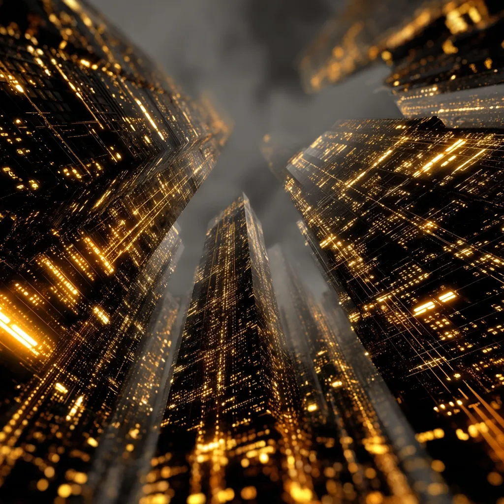 A low-angle, futuristic cityscape is depicted.  Towering skyscrapers, glowing with warm, golden internal lights, pierce a hazy, dark sky.  The buildings' intricate designs resemble complex circuit boards, suggesting a technologically advanced and possibly cyberpunk aesthetic. The perspective creates a sense of overwhelming scale and height.