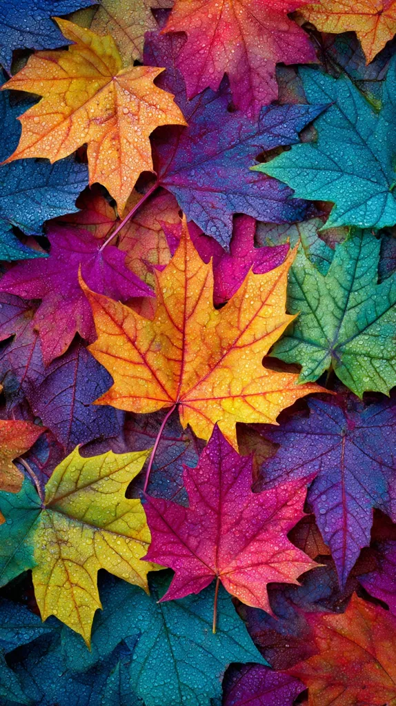 A vibrant collection of autumn leaves, drenched in dew, showcases an array of intense colors.  Reds, oranges, yellows, purples, and teals intermingle, creating a stunning tapestry of fall foliage.  The water droplets on each leaf add depth and shine to the already rich hues, making for a captivating and colorful image.