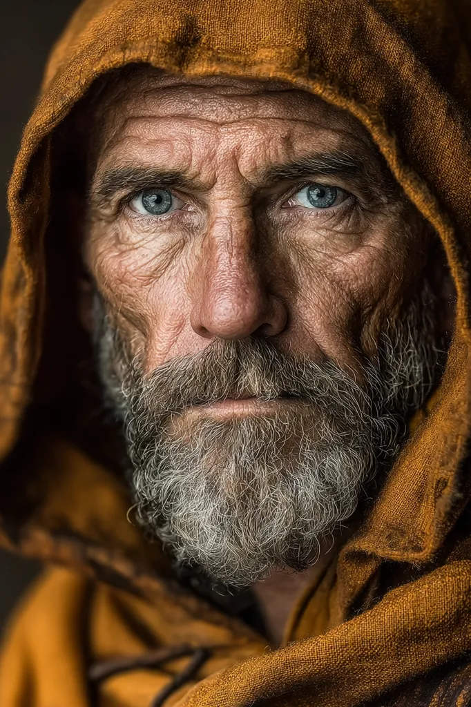 Close-up portrait of an elderly man with a weathered face and long, gray beard.  He's wearing a hooded, mustard-colored robe.  His piercing blue eyes and deeply lined face convey a sense of age, wisdom, and perhaps hardship. The image is sharply focused, highlighting the texture of his skin and beard.  The overall mood is serious and contemplative.