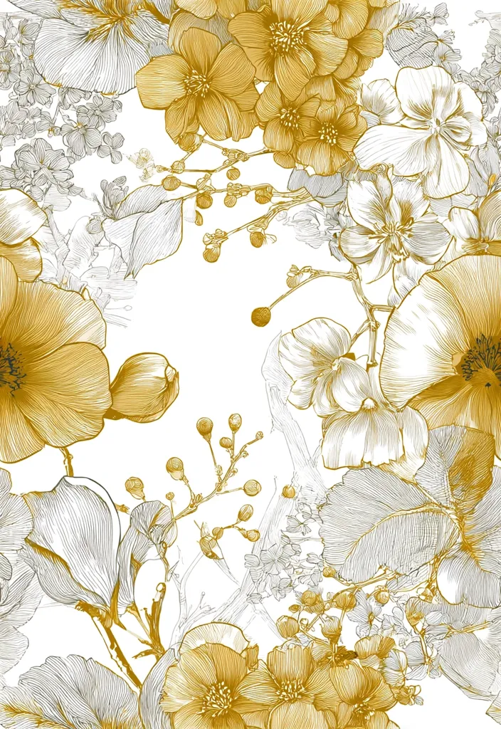 A luxurious floral illustration features a blend of gold and gray flowers.  Large, detailed blooms in a rich gold tone are interspersed with delicate gray line drawings of smaller flowers and leaves. The design is intricate, almost resembling a botanical sketch, creating a sophisticated and elegant pattern ideal for wallpaper or fabric.  The white background enhances the vibrancy of the gold tones.
