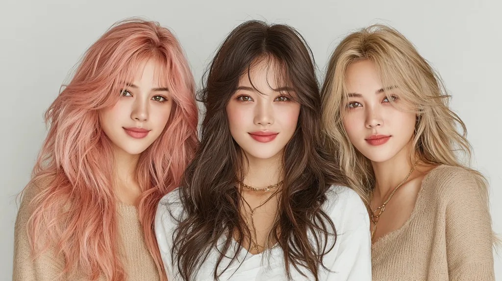 Three young women with long, wavy hair pose for a close-up shot.  The woman on the left has light pink hair, the center woman has dark brown hair, and the woman on the right has light blonde hair.  They are all wearing neutral-colored sweaters and delicate necklaces.  The image has a soft, light, and airy feel.