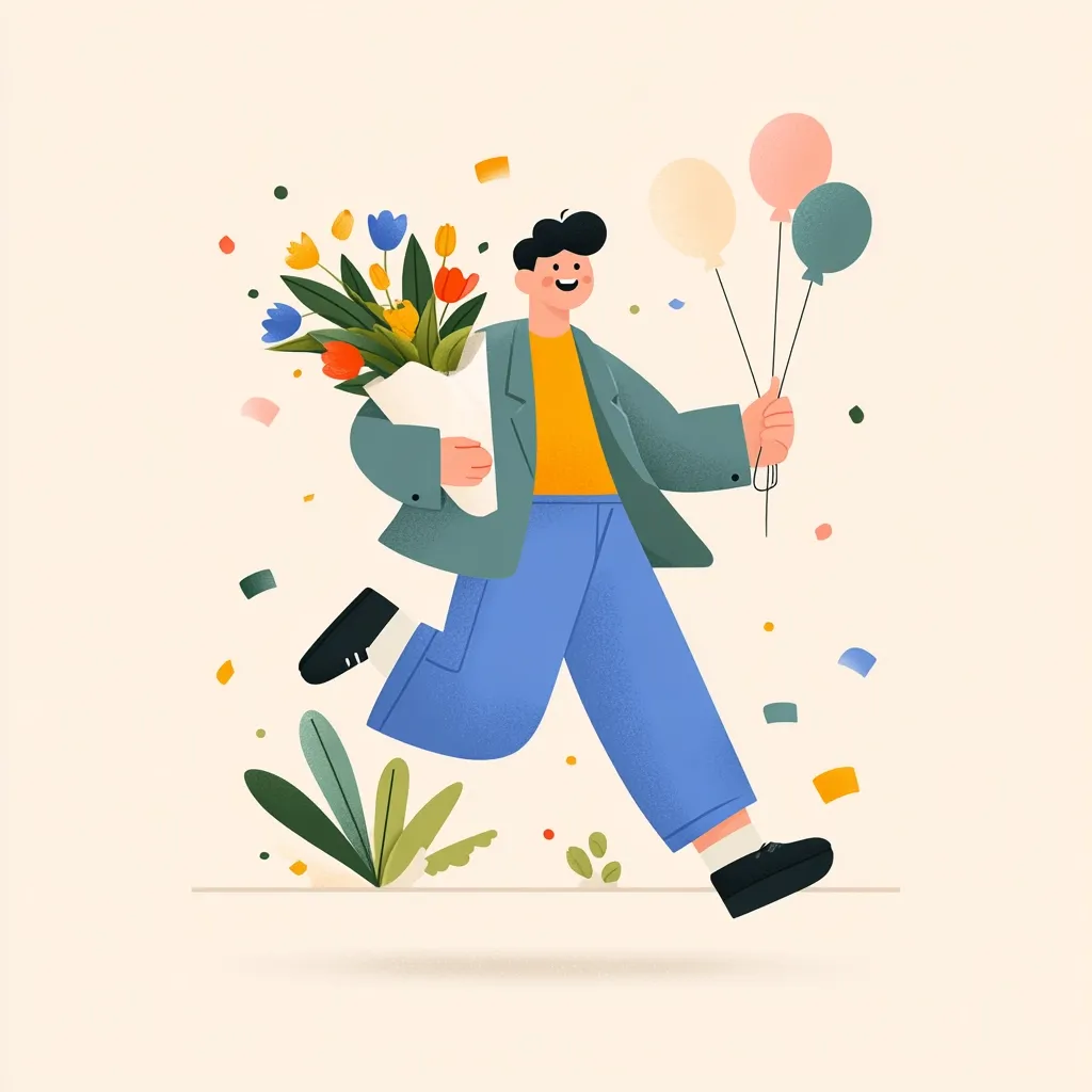 A joyful man runs, carrying a bouquet of colorful tulips and three pastel-colored balloons.  He's dressed in a teal jacket and blue pants, his smile radiating happiness. Confetti scatters around him, adding to the celebratory atmosphere. The illustration is simplistic yet vibrant, conveying a sense of excitement and festivity.