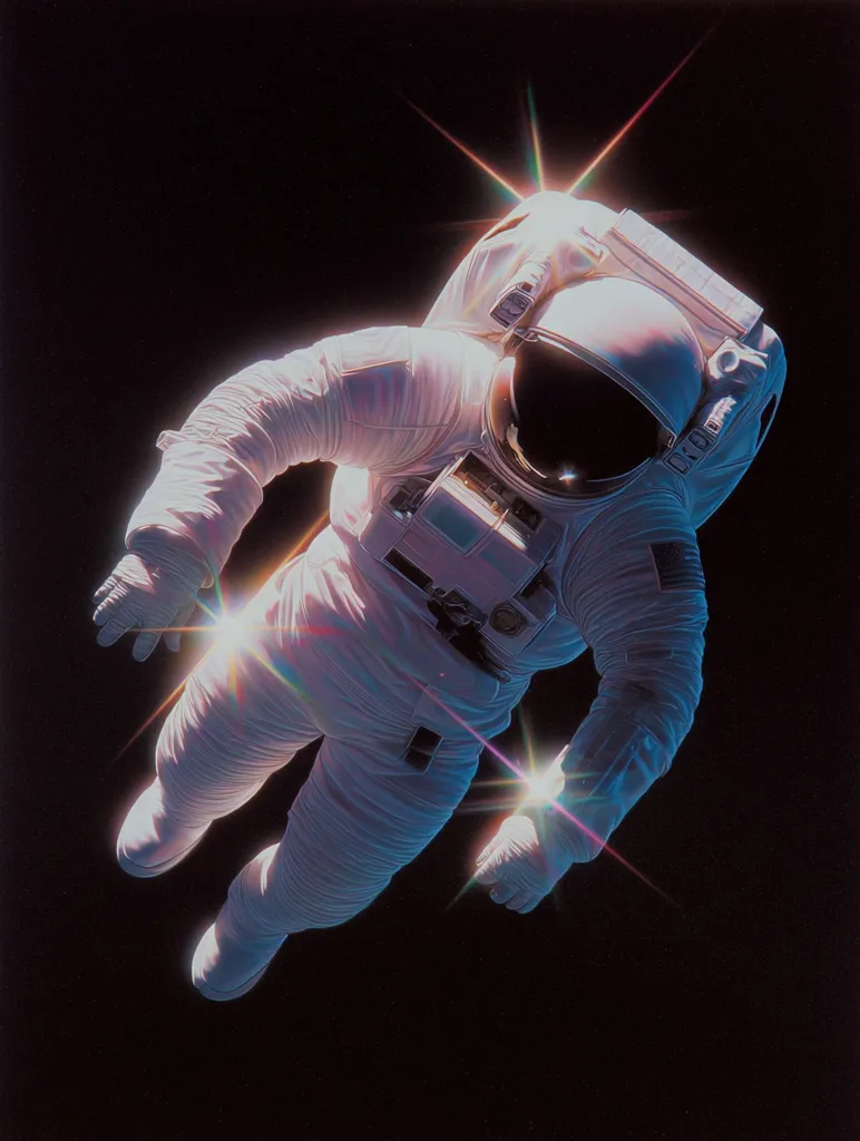 A lone astronaut floats in the inky blackness of space, bathed in the ethereal glow of distant stars.  Their white spacesuit is crisply detailed, the helmet reflecting the light. The image evokes a sense of isolation and the vastness of the cosmos, a powerful visual of human exploration.  Lens flares add a dramatic, almost mystical, quality to the scene.