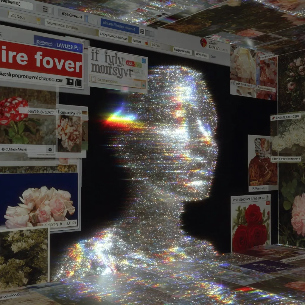 A glittery, iridescent figure resembling a human face emerges from a digital collage.  The background is composed of numerous image thumbnails, showcasing flowers, text snippets in a foreign language, and what appears to be website browser windows.  The overall aesthetic is digital art, blending glitching visuals with a dreamy, ethereal quality. The image's mood is surreal and somewhat melancholic.