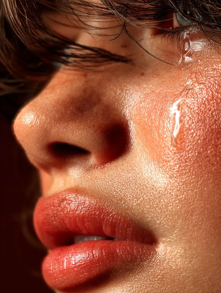 A close-up shot captures a woman's face, tears streaming down her cheek.  Her expression is one of sadness, her lips full and slightly parted. Dark hair partially obscures her eyes, adding to the melancholic mood. The texture of her skin is visible, highlighting the glistening tears.  The lighting accentuates the contrast between light and shadow, enhancing the emotional impact of the image.