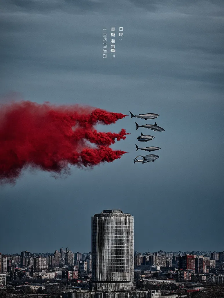 A striking image showcases a formation of sharks seemingly flying in a trail of red smoke above a cityscape.  The sharks appear stylized, almost like aircraft. A tall cylindrical building dominates the foreground, contrasting the aerial scene. The overall mood is dramatic and surreal, suggesting a powerful message, possibly related to environmental concerns or urban impact.  Chinese text is visible at the top, hinting at the image's origin and likely meaning.