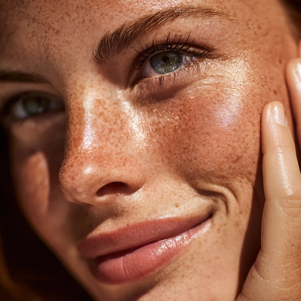 Close-up of a woman's face, sun-kissed skin with freckles, highlighted by sunlight.  Her eyes are partially visible, revealing a soft gaze.  A hand gently rests against her cheek, enhancing the warmth and intimacy of the image.  The overall impression is one of natural beauty and a healthy glow.