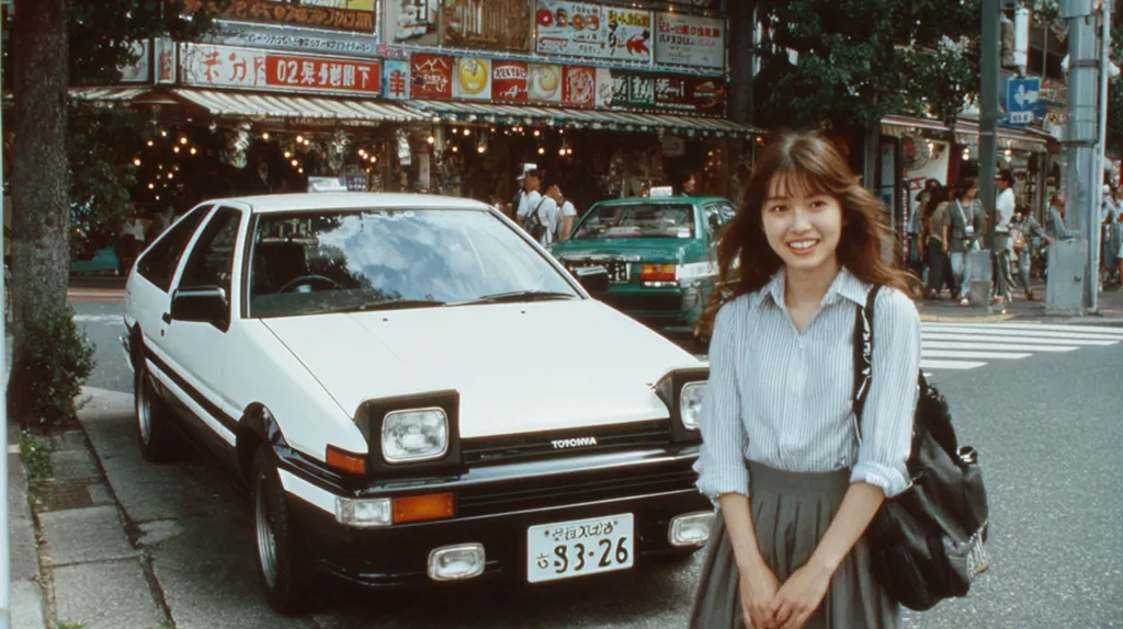 A young woman stands smiling beside a white Toyota AE86 Sprinter Trueno parked on a city street in Japan.  The car has a black bumper and a Japanese license plate.  The background features bustling shops with vibrant signage, characteristic of a Japanese city street scene.  Other people are visible in the background, going about their daily lives. The overall vibe is nostalgic and reminiscent of the 1980s or early 1990s.