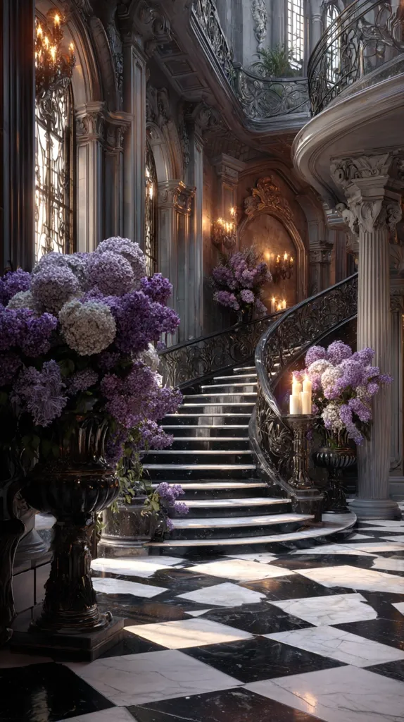 A grand, ornate staircase dominates a palatial interior.  Dark marble floors in a checkerboard pattern meet the elegant black iron railing.  Large bouquets of purple and white lilacs flank the staircase, adding a touch of vibrant color to the otherwise dark and moody atmosphere.  Candles illuminate the scene, creating a sense of warmth and mystery within the opulent setting.  Sunlight streams in from large, arched windows.
