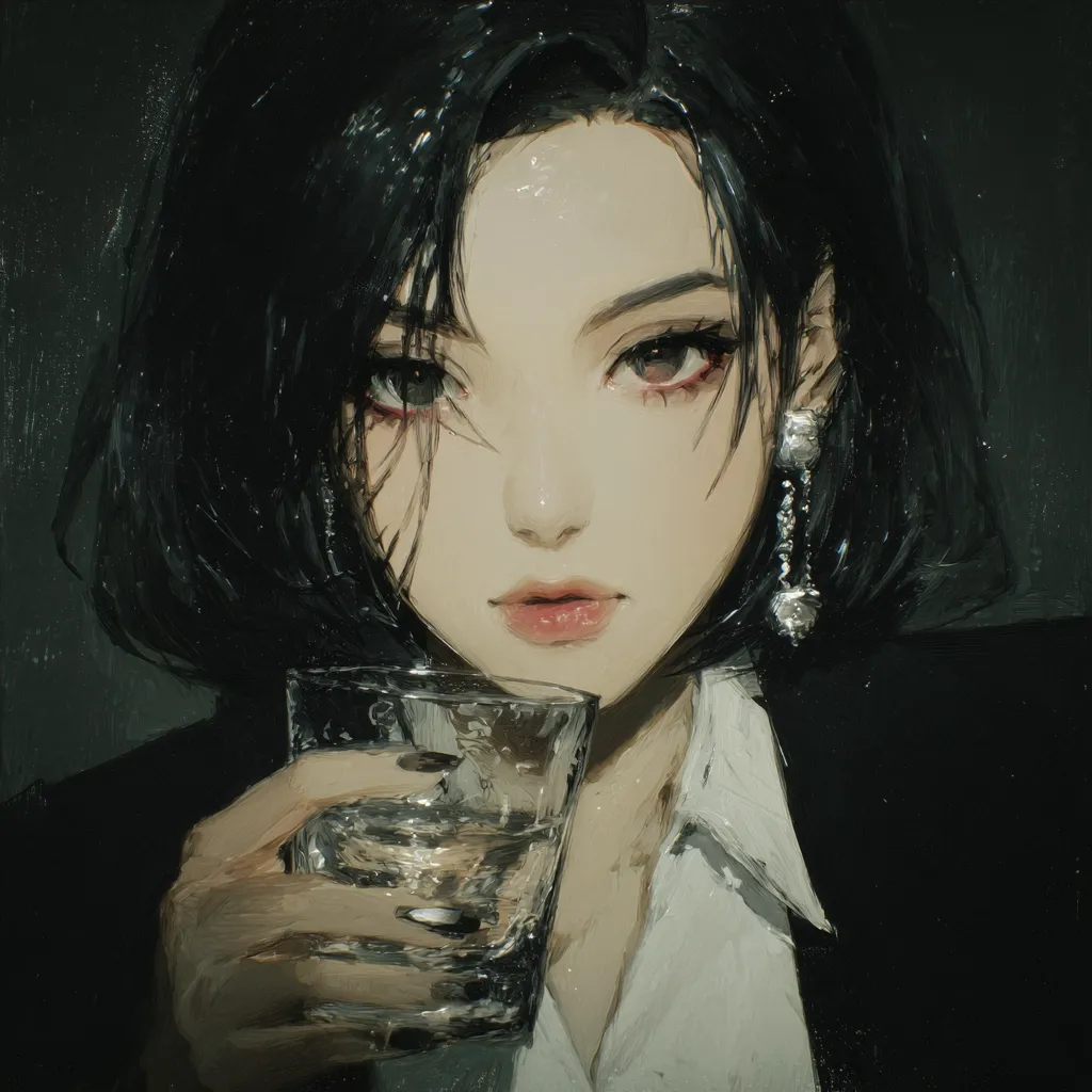 A stylized portrait of a young woman with dark bobbed hair, wearing a dark jacket over a white collared shirt.  She holds a glass of liquid, her expression serene yet pensive.  The painting style is painterly, with visible brushstrokes and a focus on soft lighting and subtle details, including delicate earrings. The overall mood is one of quiet contemplation.