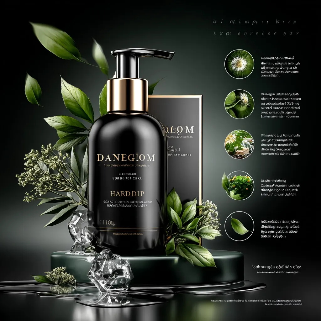 A dark, elegant bottle of DANEGIOM Hard Dip Bora Relief Care is showcased against a black background.  Surrounding the bottle are lush green leaves and ice cubes, creating a refreshing and luxurious aesthetic.  The product packaging features gold accents and minimalist design.  Small images highlight natural ingredients.  The overall mood is sophisticated and emphasizes natural beauty.