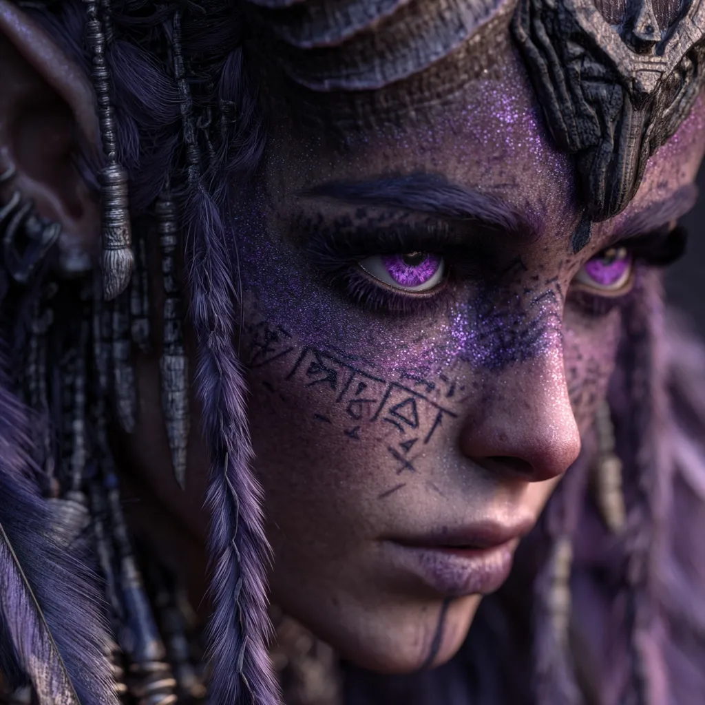 A close-up reveals a fantasy character, possibly an elf or similar creature, with striking violet eyes.  Her face is adorned with intricate, dark purple markings and glitter, resembling ancient runes or tattoos.  Purple hair, styled in dreadlocks or braids, frames her face.  She wears an elaborate headdress, adding to her mystical and powerful appearance. The overall tone is dark, mysterious, and magical.