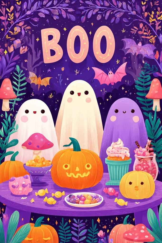 A whimsical Halloween scene features three friendly ghosts—one white, one off-white, and one purple—gathered around a table laden with treats.  Pumpkins, candy, cupcakes, and a bowl of what looks like popcorn adorn the table.  Bats fly in a purple night sky, framed by lush foliage and glowing mushrooms. The word "BOO" is displayed prominently above the ghosts, creating a cheerful and festive atmosphere.