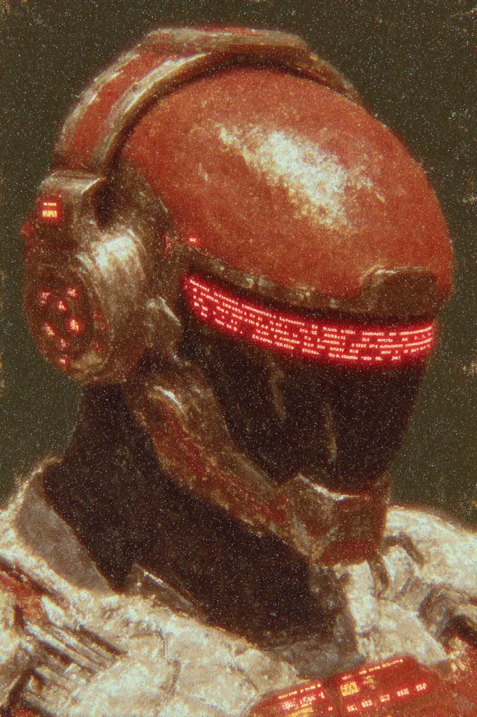 Close-up of a weathered, reddish-brown astronaut helmet.  The helmet features a large visor displaying red text, possibly data or codes.  The texture is grainy, suggesting age or damage, adding to a gritty, post-apocalyptic aesthetic.  The helmet's design is futuristic yet worn, hinting at a seasoned space explorer or soldier.  The overall tone is dark and intense.