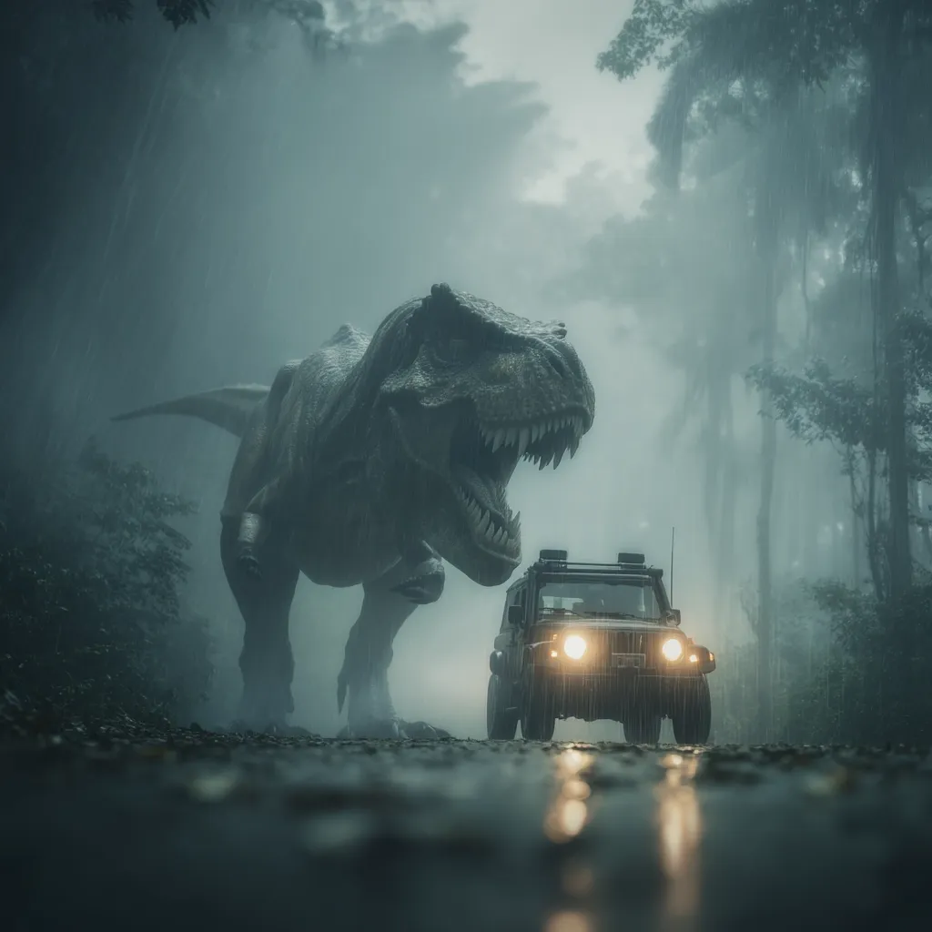 A large Tyrannosaurus Rex stands on a rain-soaked road in a misty forest, its mouth open in a menacing roar. A dark-colored jeep is positioned in front of the dinosaur, its headlights illuminating the wet ground. The scene is dark and ominous, evoking a sense of danger and impending threat.  The atmosphere is thick with fog and rain, creating a suspenseful mood.