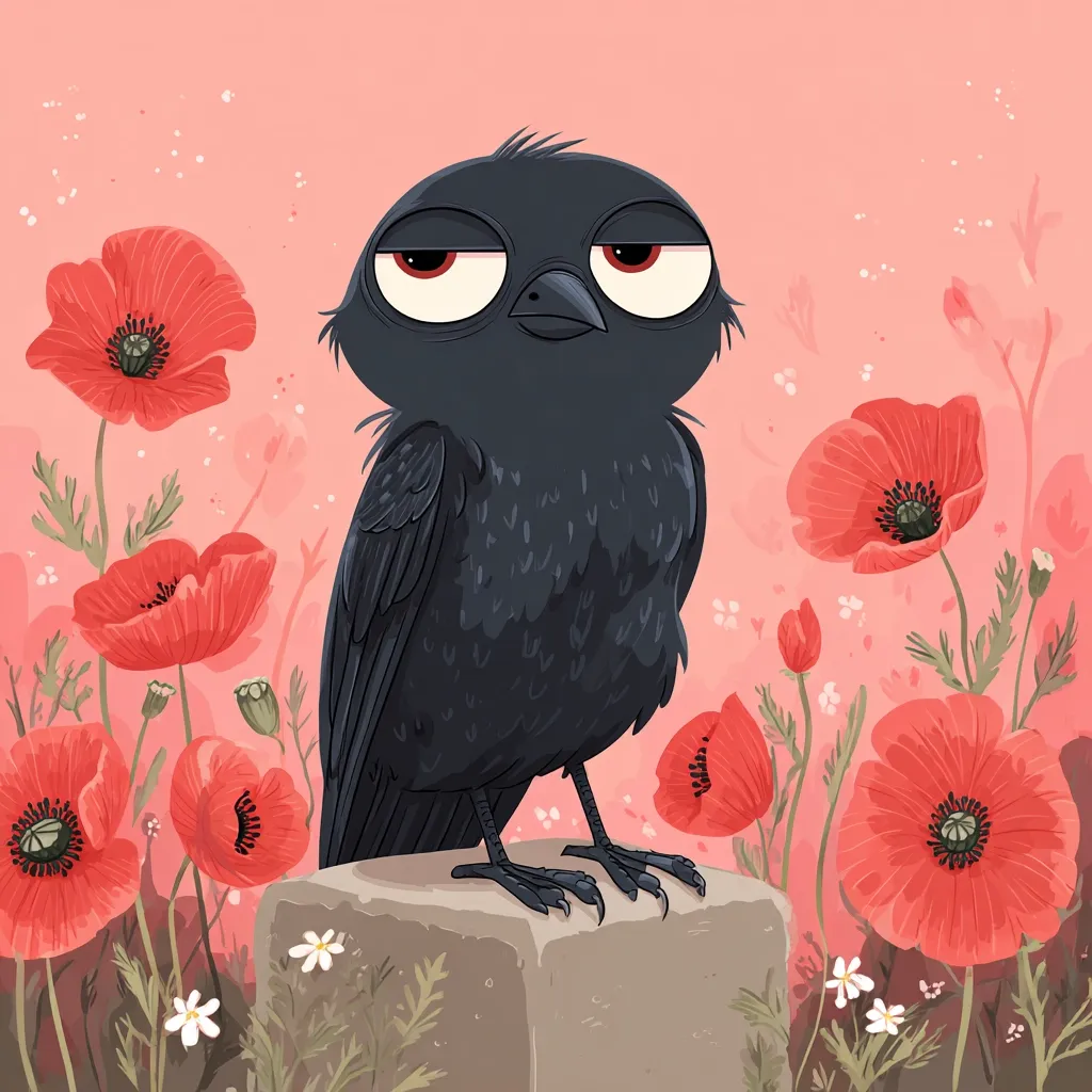 A stylized illustration features a black bird, possibly a crow, perched on a stone.  The bird has large, expressive eyes and a slightly grumpy expression. It is surrounded by vibrant red poppies and smaller white flowers against a soft pink background. The art style is whimsical and slightly cartoonish.