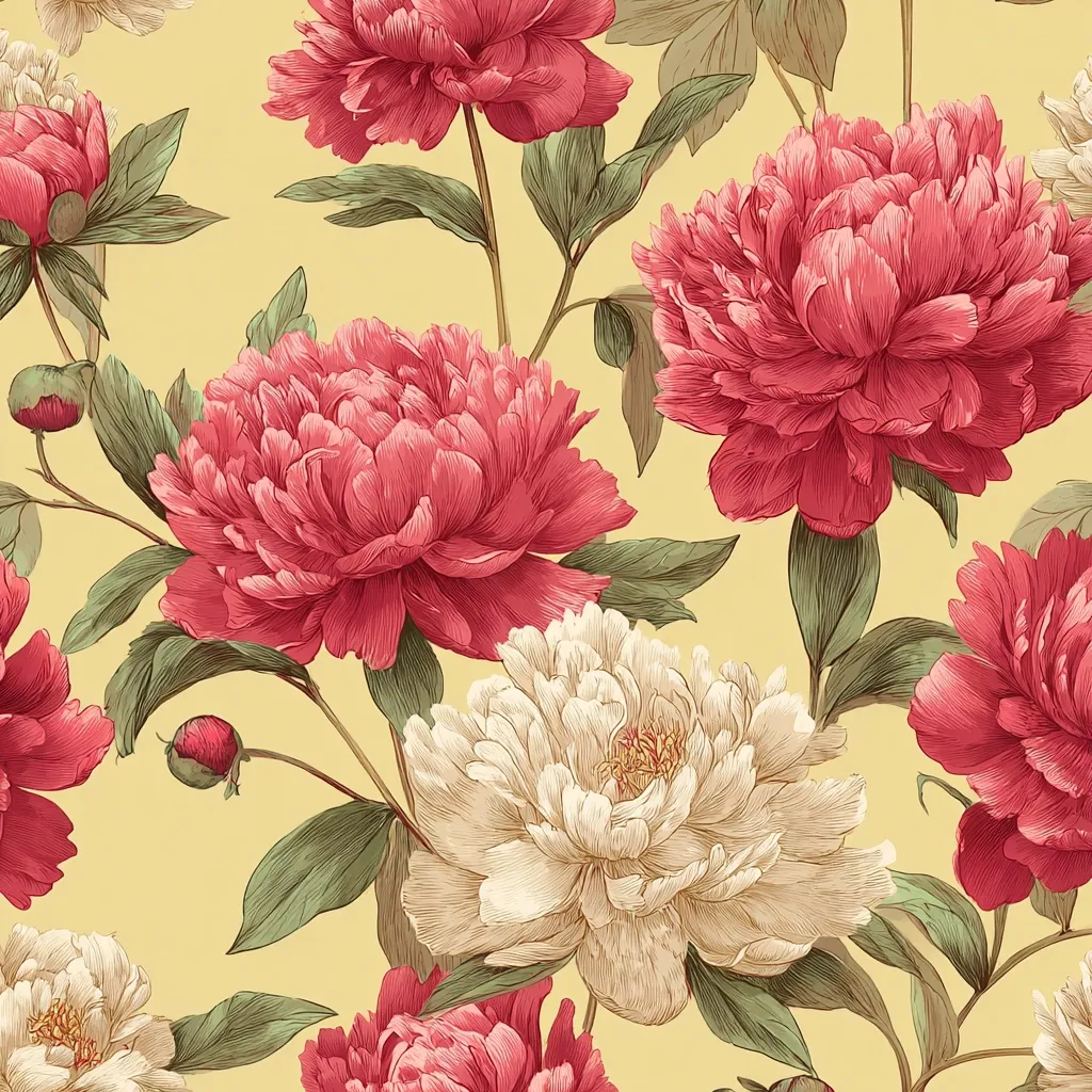 A seamless pattern featuring lush, detailed illustrations of peonies in varying shades of pink and cream.  The flowers are meticulously rendered, showcasing their delicate petals and textures against a pale yellow background.  The overall style evokes a vintage or botanical print aesthetic.  Leaves and buds add depth and realism to the floral arrangement.