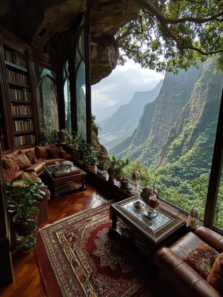 A luxurious reading nook built into a cliffside offers breathtaking panoramic views of a lush green valley.  Large windows showcase the dramatic landscape.  Inside, rich leather furniture, an ornate rug, and a well-stocked bookcase create a cozy and sophisticated atmosphere. Plants add to the natural ambiance of this unique and stunning space.