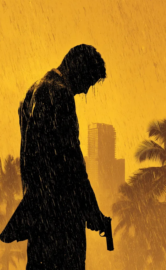 A dark silhouette of a man, drenched in rain, stands against a yellow-gold backdrop of a city skyline and palm trees.  He is holding a handgun, his head bowed low, conveying a sense of defeat or despair. The rain streaks down, adding to the somber mood of the scene, evoking a feeling of mystery and possibly crime.  The overall aesthetic is gritty and film noir inspired.