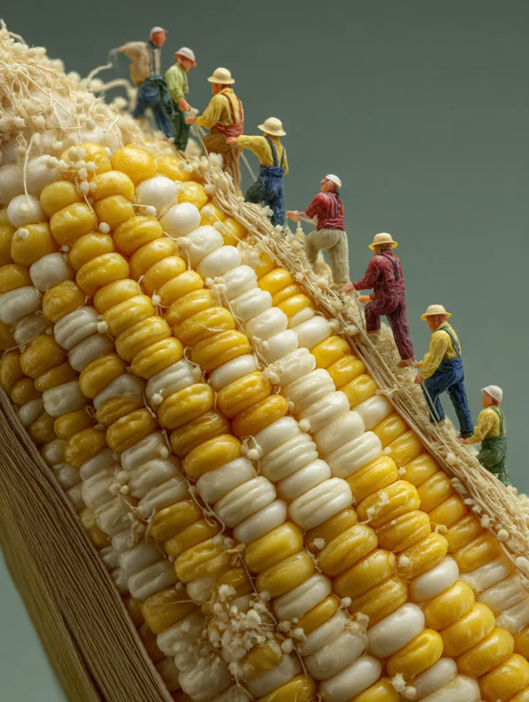 A whimsical image depicts miniature figures scaling a large ear of corn. The figures, resembling farmers in overalls and hats, climb the rows of kernels, creating a playful contrast of scale and subject matter.  The corn's vibrant yellow and white kernels are sharply detailed, set against a muted background.  The scene suggests a harvest or the concept of food production in a miniature, artistic context.