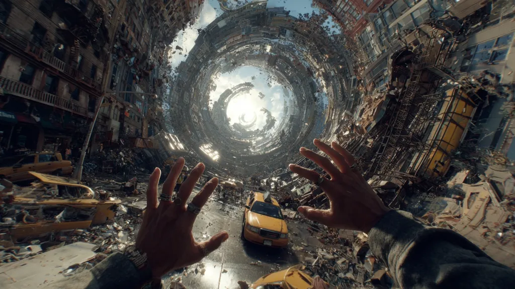 A first-person perspective shows a city collapsing into a swirling vortex.  Buildings crumble, cars are overturned, and debris fills the streets.  The viewer's hands are outstretched, seemingly trying to grasp at the falling city.  A yellow taxi cab is visible amidst the chaos, adding a surreal contrast to the apocalyptic scene. The sun shines brightly through the center of the vortex.
