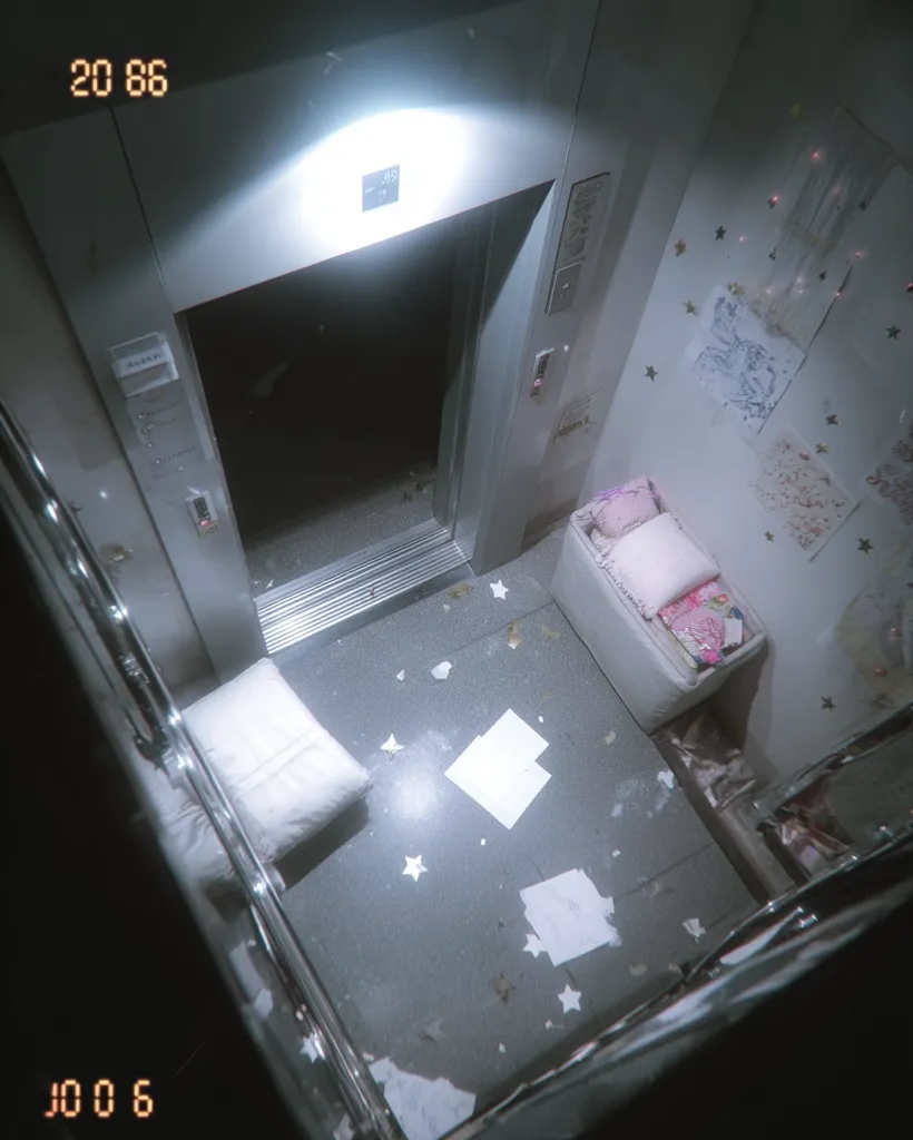A high-angle, dimly lit shot reveals the interior of an elevator.  The floor is scattered with white confetti and papers. A makeshift bed with pillows sits near the elevator doors, adding a surreal element.  The walls are decorated with childlike drawings and star-shaped decals, creating a stark contrast with the elevator's metallic surfaces. The overall atmosphere is unsettling and mysterious.  Timestamp markings suggest a possibly staged or found-footage style photograph.