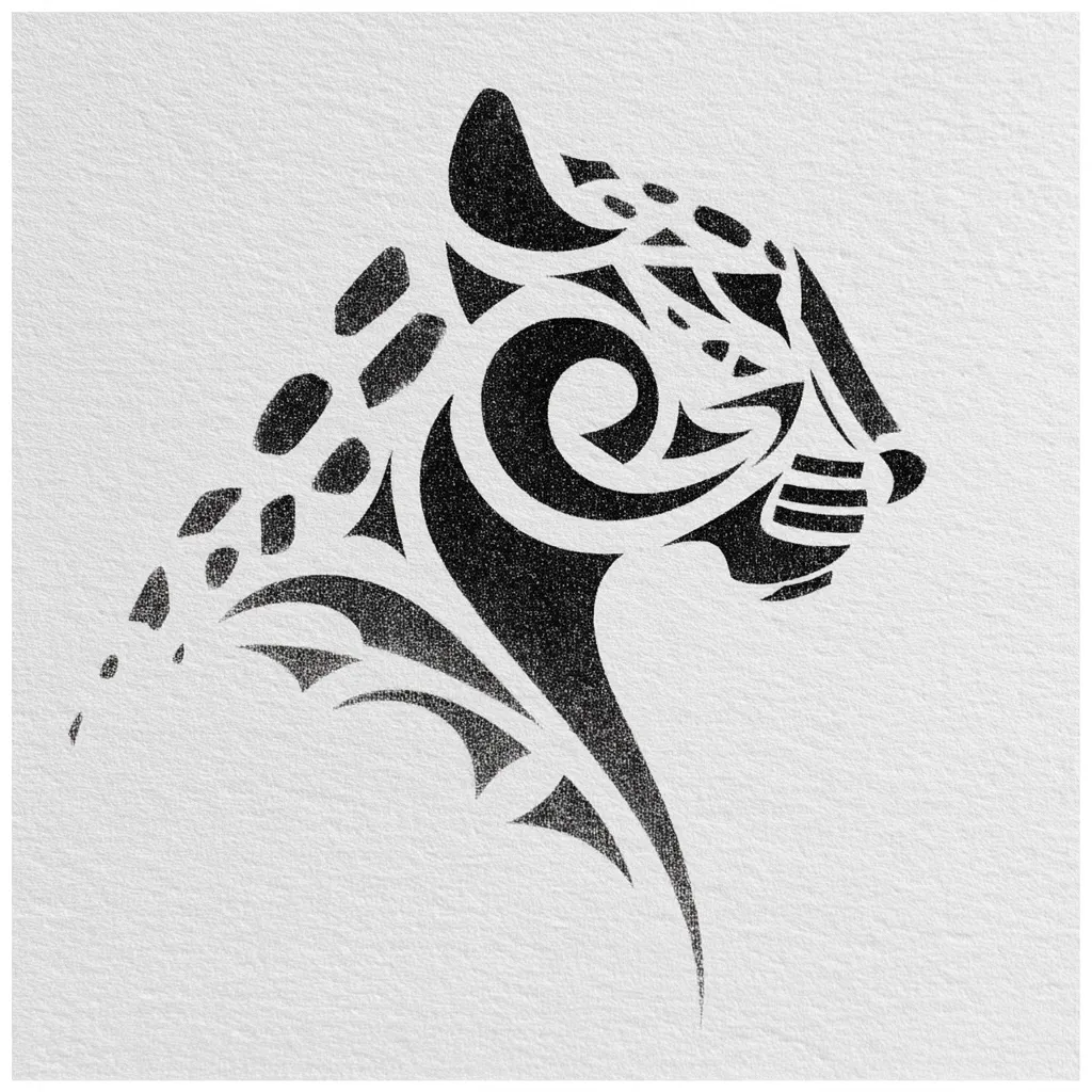 A stylized black and white image of a jaguar's head in profile. The design incorporates tribal-inspired patterns and textures, giving it a fierce and artistic look.  The jaguar's spots are represented by small, irregular shapes, while its fur is depicted with textured lines. The overall effect is a bold and graphic representation of the animal.