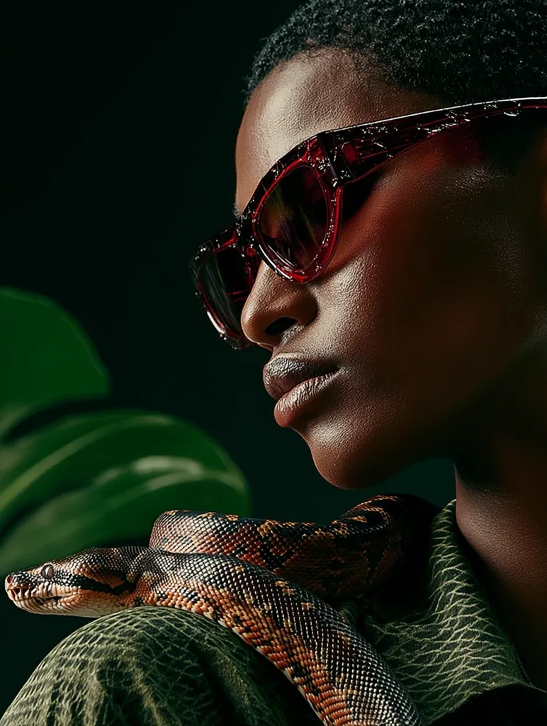 A dark-skinned woman with short hair wears striking red, textured sunglasses.  A snake is draped across her shoulder. The background is dark, with hints of lush green foliage. The overall mood is dramatic and mysterious, highlighting the model's strong features and the exotic accessories. The image evokes a sense of both danger and allure.