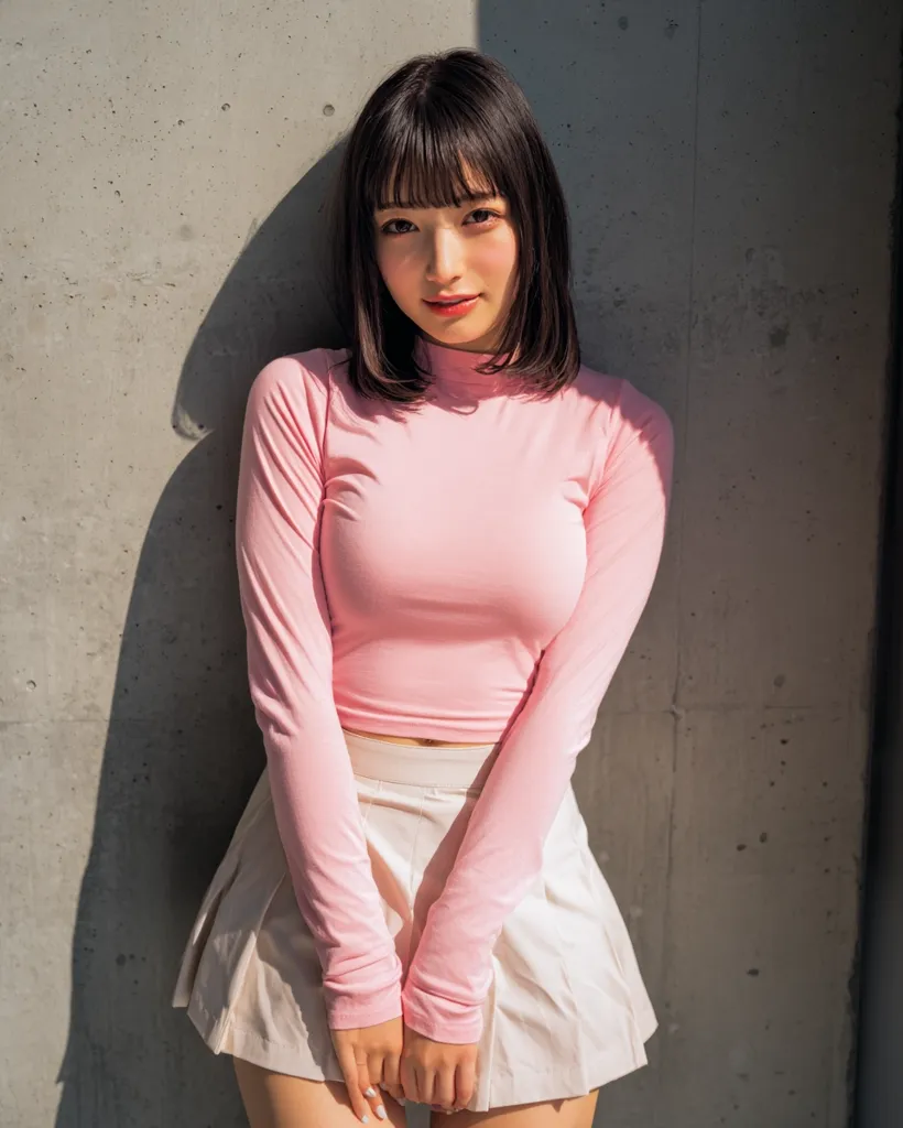 A young woman with shoulder-length black hair and bangs stands against a textured gray wall. She's wearing a light pink, long-sleeved, close-fitting top and a cream-colored pleated mini-skirt.  Sunlight casts a shadow behind her. Her expression is pleasant, and her hands are clasped in front of her. The overall style is casual and slightly playful.