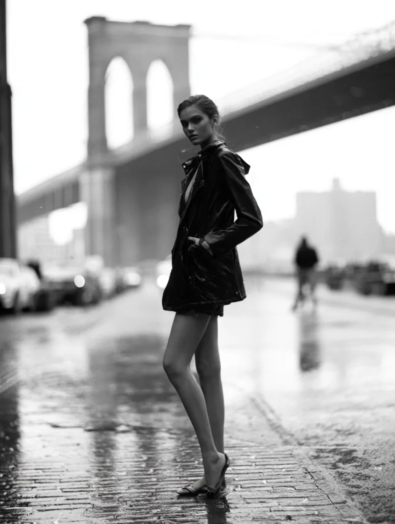 A young woman stands on a rain-slicked cobblestone street, the iconic Brooklyn Bridge blurred in the background.  She's wearing a stylish, dark raincoat and short skirt, her legs slender and bare below the hem.  The monochrome image captures a mood of urban solitude and quiet elegance, the rain reflecting the city lights on the wet pavement.  Her pose is subtly confident, her gaze direct.