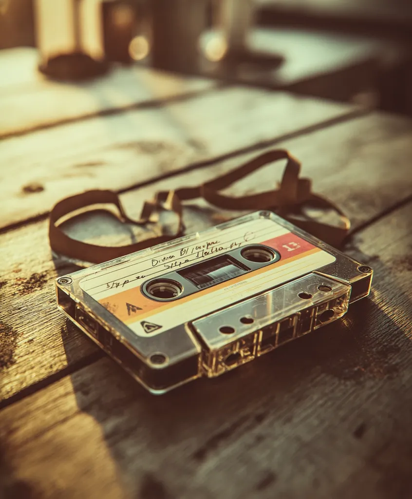 A vintage cassette tape rests on a weathered wooden surface, bathed in warm, nostalgic sunlight.  Handwritten track titles are visible on the label.  A dark brown strap lies beside it, suggesting it may be part of a portable player. The scene evokes a feeling of retro charm and forgotten memories.  The worn wood and faded colors enhance the sense of age and time passed.