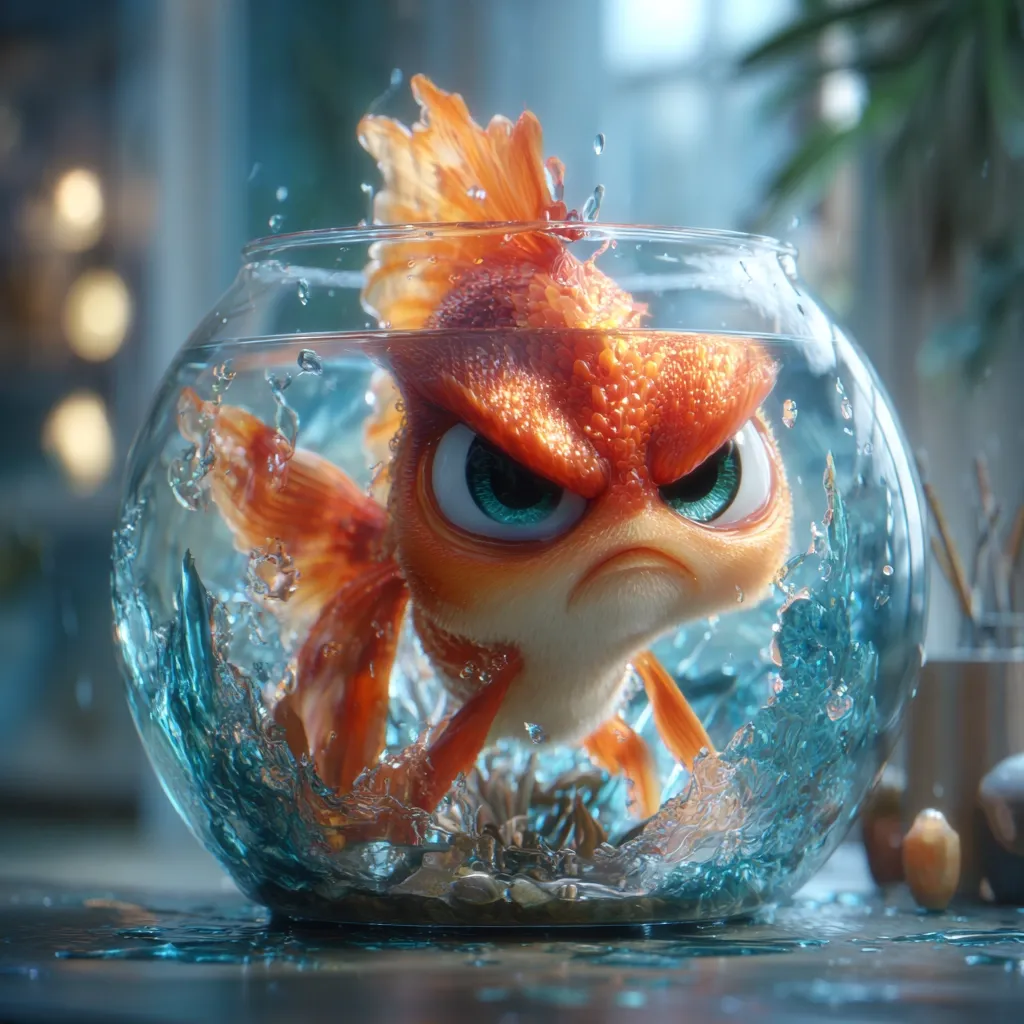 A digitally rendered image showcases an angry goldfish in a glass bowl.  The goldfish, with bright blue eyes and a scowling expression, appears to be swimming forcefully, creating splashes of water.  The scene is detailed, with a blurred background suggesting a home environment. The overall mood is one of playful antagonism from the fish.