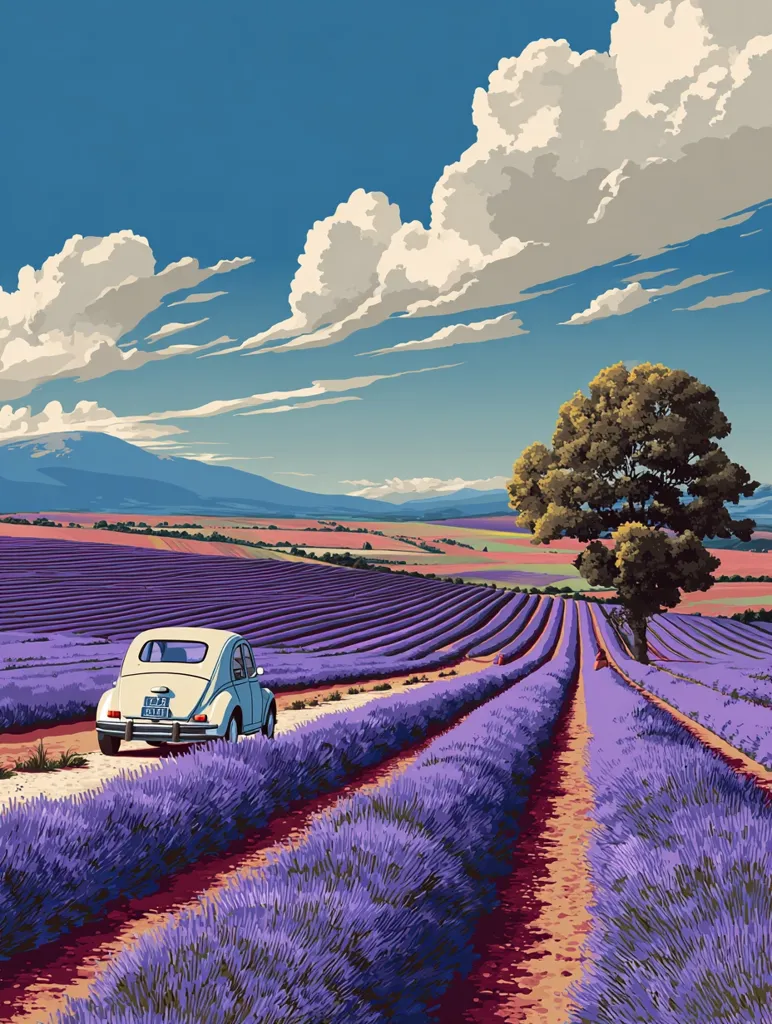 A light blue vintage car travels down a dirt road amidst rows of vibrant purple lavender fields under a bright, sunny sky.  Fluffy white clouds drift across the azure expanse above rolling hills in the distance. A solitary tree stands near the road, adding a touch of rustic charm to the idyllic landscape. The scene evokes a sense of peace and tranquility.