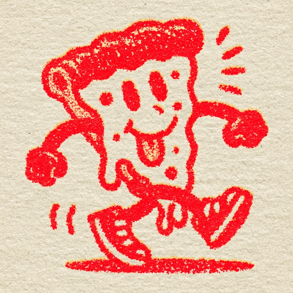 A cheerful, red pizza slice character is depicted running.  Drawn in a crayon-like style on a beige background, the pizza slice has a smiling face, a playful tongue, and stubby arms and legs.  Motion lines suggest speed and energy, creating a fun, whimsical image.  The overall style is cartoonish and informal.